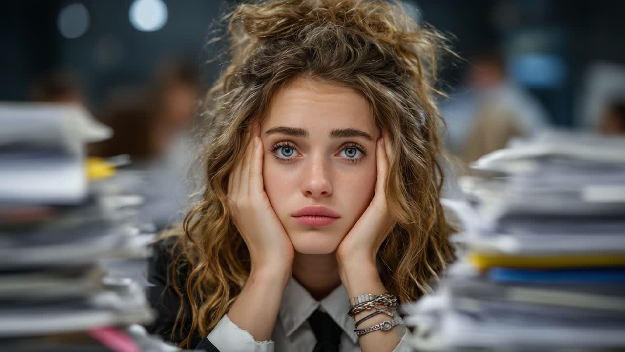 A Young Woman's Expression of Frustration Surrounded by Mounting Paperwork, Capturing the Weight of Stress and Overwhelm in a Busy Work Environment