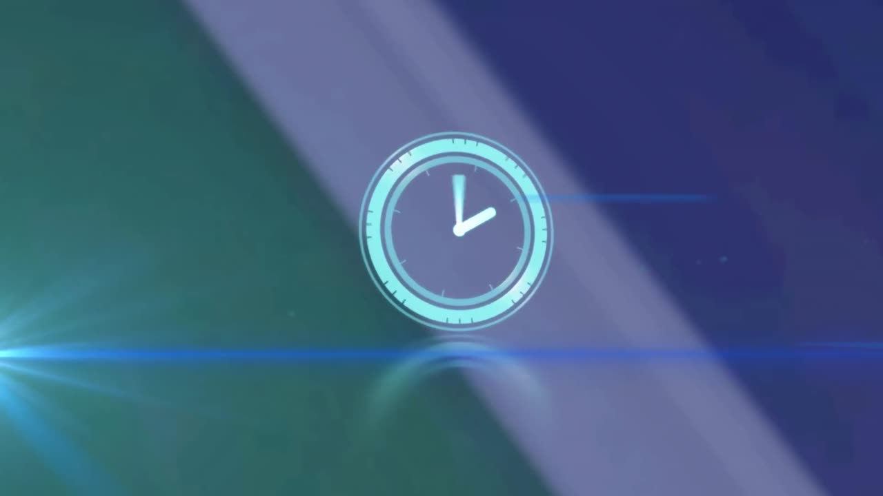 Animation of rotating safe lock with clock over light trail on blurred background