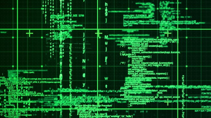 Animatie van gegevensverwerking over een raster op een zwarte achtergrond.
