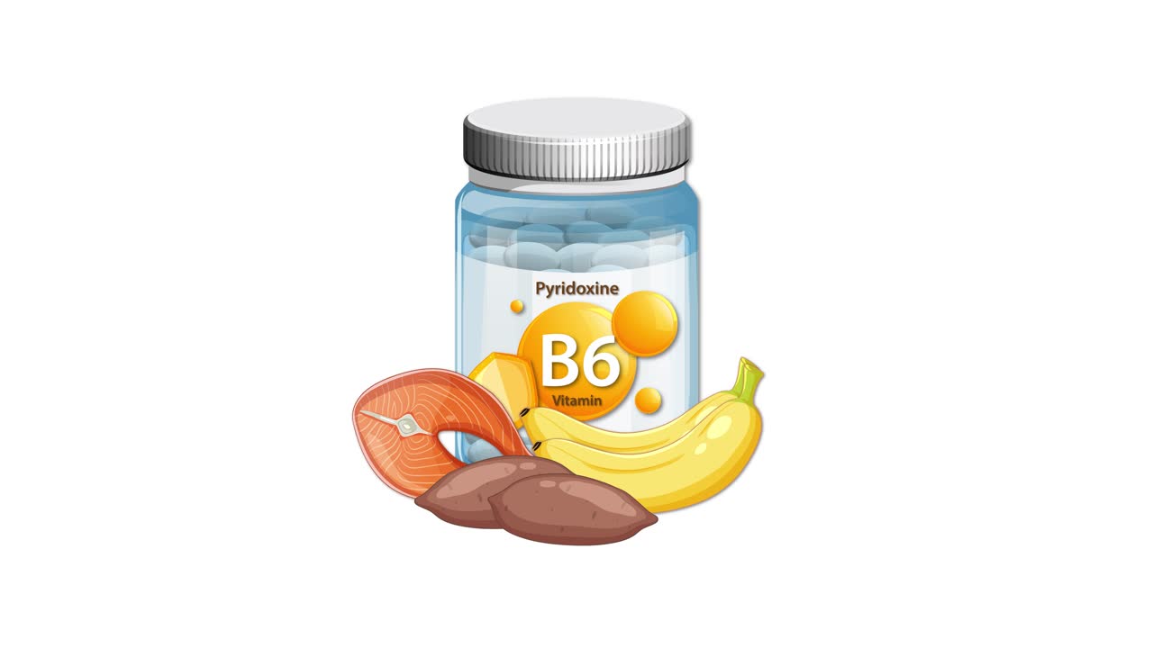 Vitamin B6 supplement bottle appears with banana, kiwi, and salmon on a clean white background