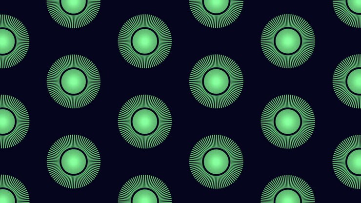 Abstrato contínuo apresentando círculos radiais verdes repetidos com efeito de raio de sol em um fundo escuro, ideal como um plano de fundo animado moderno para apresentações, motion graphics, videoclipes e projetos criativos.