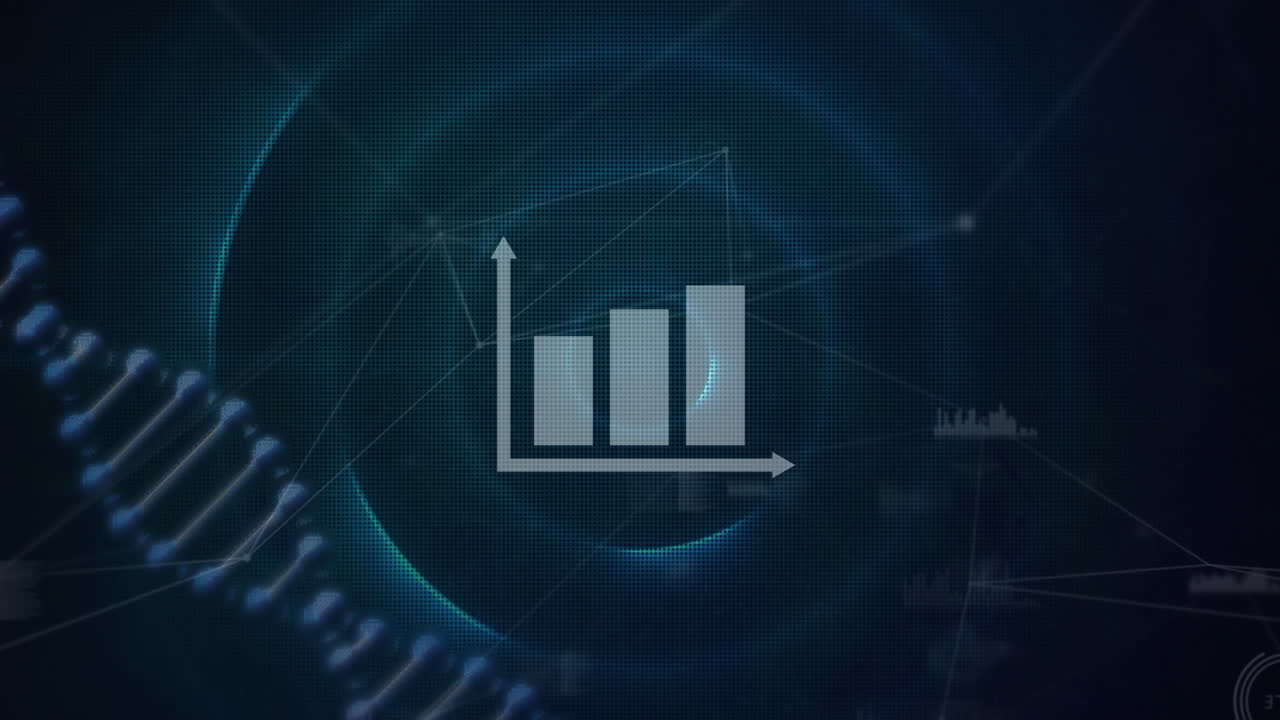 Animation of statistical data processing over dna structure spinning against network of connections