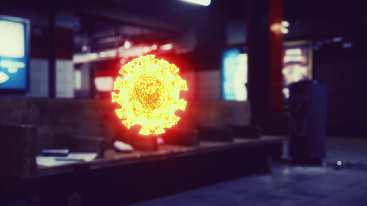 Visual representation of a virus illuminated in a dark urban environment