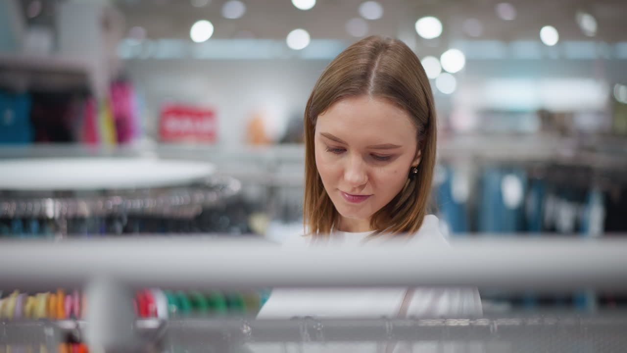 Young woman in brightly lit retail store, browsing colorful racks of clothing while focused on her search, the store features modern apparel displays with vibrant garments