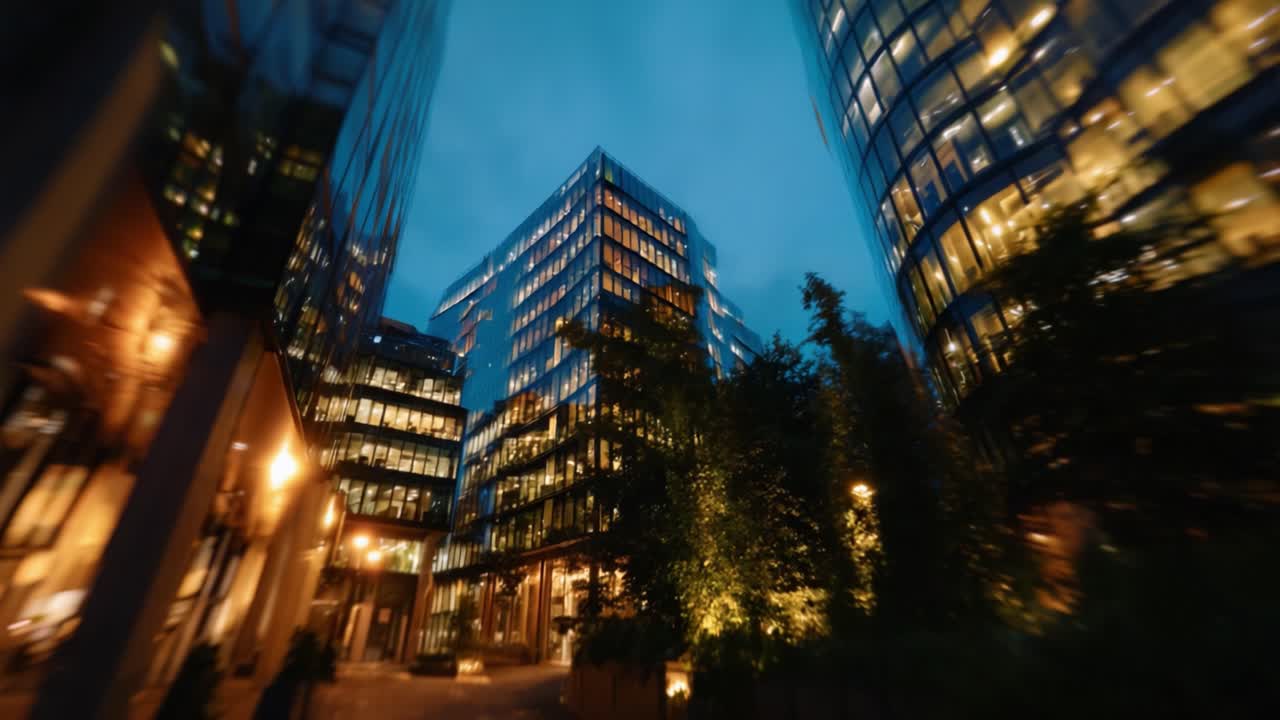 Architettura urbana moderna al crepuscolo: una vista mozzafiato di edifici in vetro circondati da una vegetazione lussureggiante, illuminata dal bagliore caldo delle luci della città