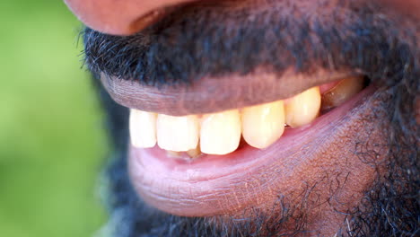 side view of mouth and teeth of a smiling black man, detail