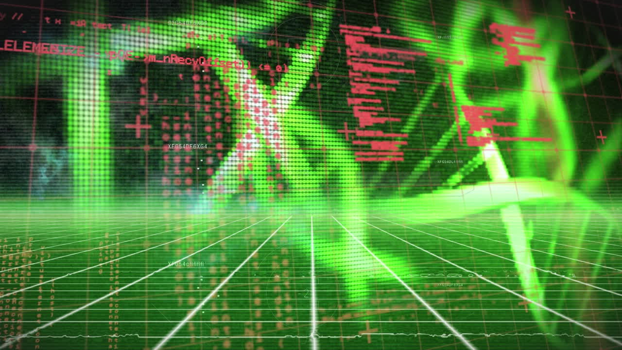 animación de procesamiento de datos y estructuras de adn que giran sobre la red de cuadrícula verde sobre fondo negro
