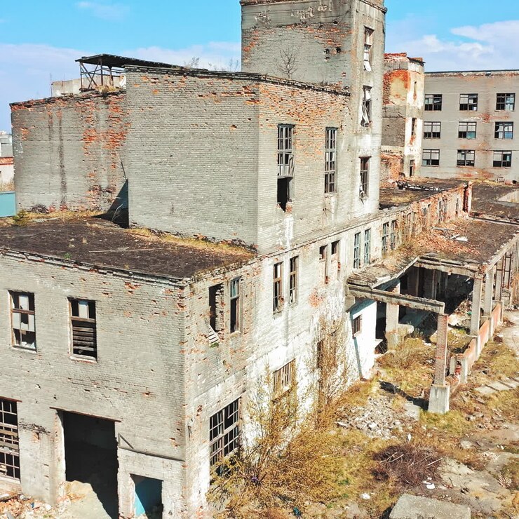 Edificio de fábrica industrial abandonado y en ruinas, concepto de ruinas y demolición. Vista aérea.