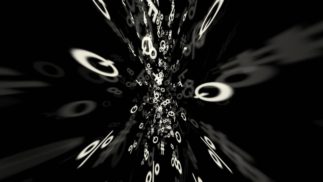 letras y símbolos aleatorios girando en una matriz sobre fondo negro - resumen