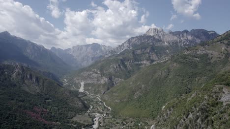 è possibile vedere il video frontale del drone che avanza sulla valle del valbone, l'albania, la contea di rogam, le piccole case e il fiume con poca acqua