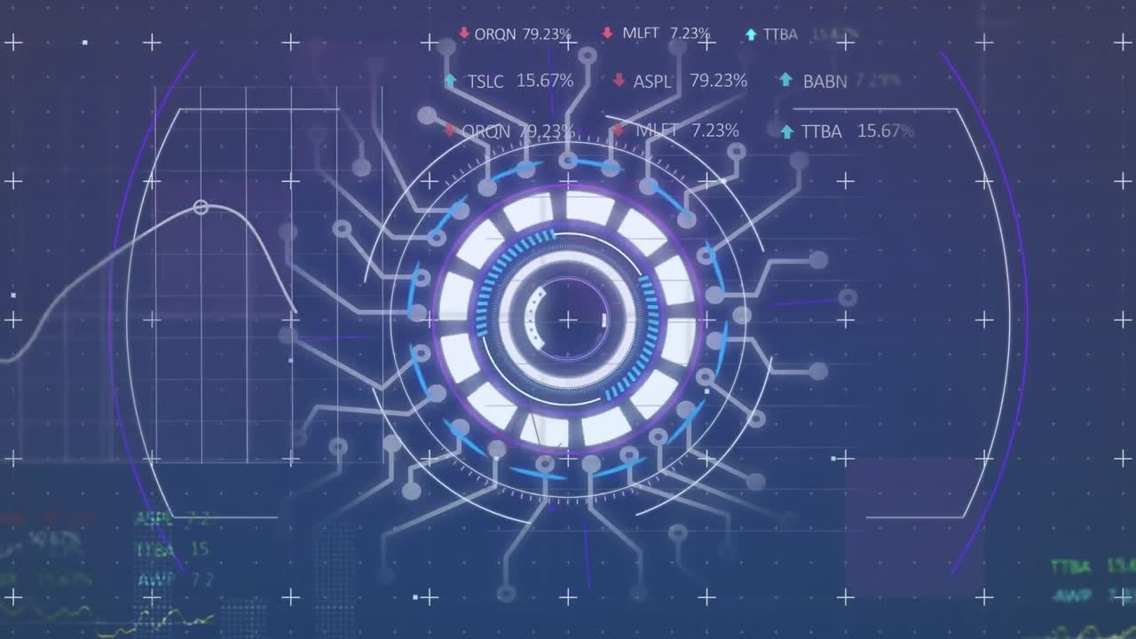 Animation of scope scanning over round scanner and stock market data processing on blue background