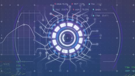 animación de escaneo de alcance sobre escáner redondo y procesamiento de datos del mercado de valores en fondo azul.