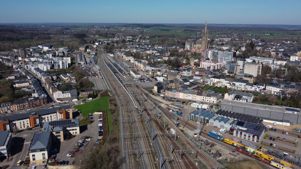 Aerial View of a European Train Station and Town