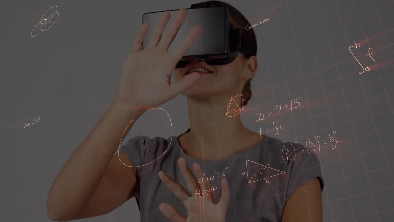 Animation of mathematical formulas over woman using vr headset