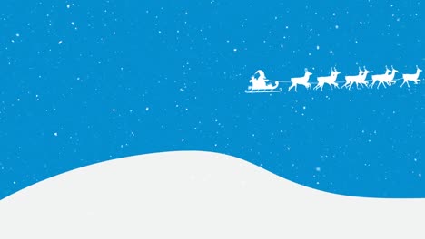 Animation-of-santa-claus-in-sleigh-with-reindeer-moving-over-snow-falling-on-blue-background