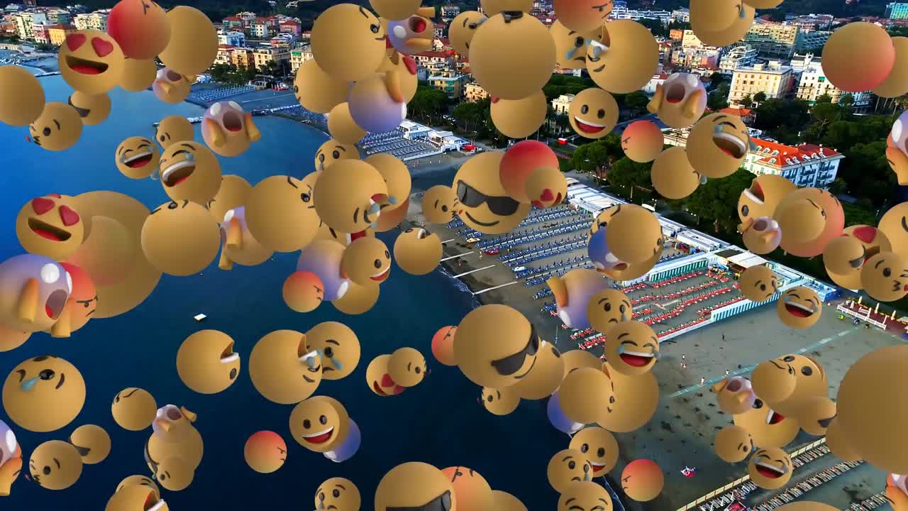 도시 풍경의 공중 전망에 대해 떠다니는 여러 얼굴 이모티콘의 디지털 구성