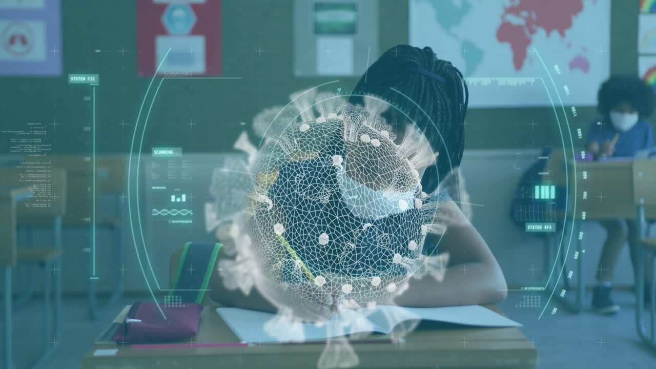 학교에서 마스크를 쓰고 공부하는 여학생을 대상으로 코로나19 세포를 스캔하는 스 ⁇