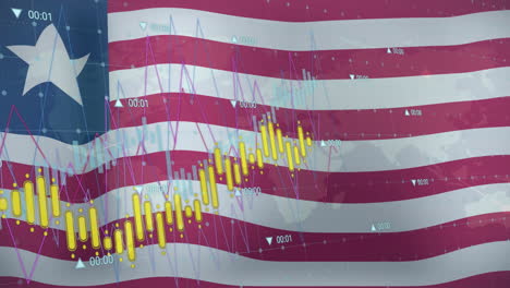 financial data and stock market animation over waving american flag background