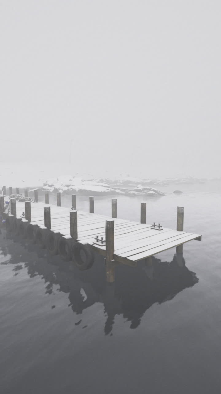 Misty winter morning at a dock on a quiet lake surrounded by snow