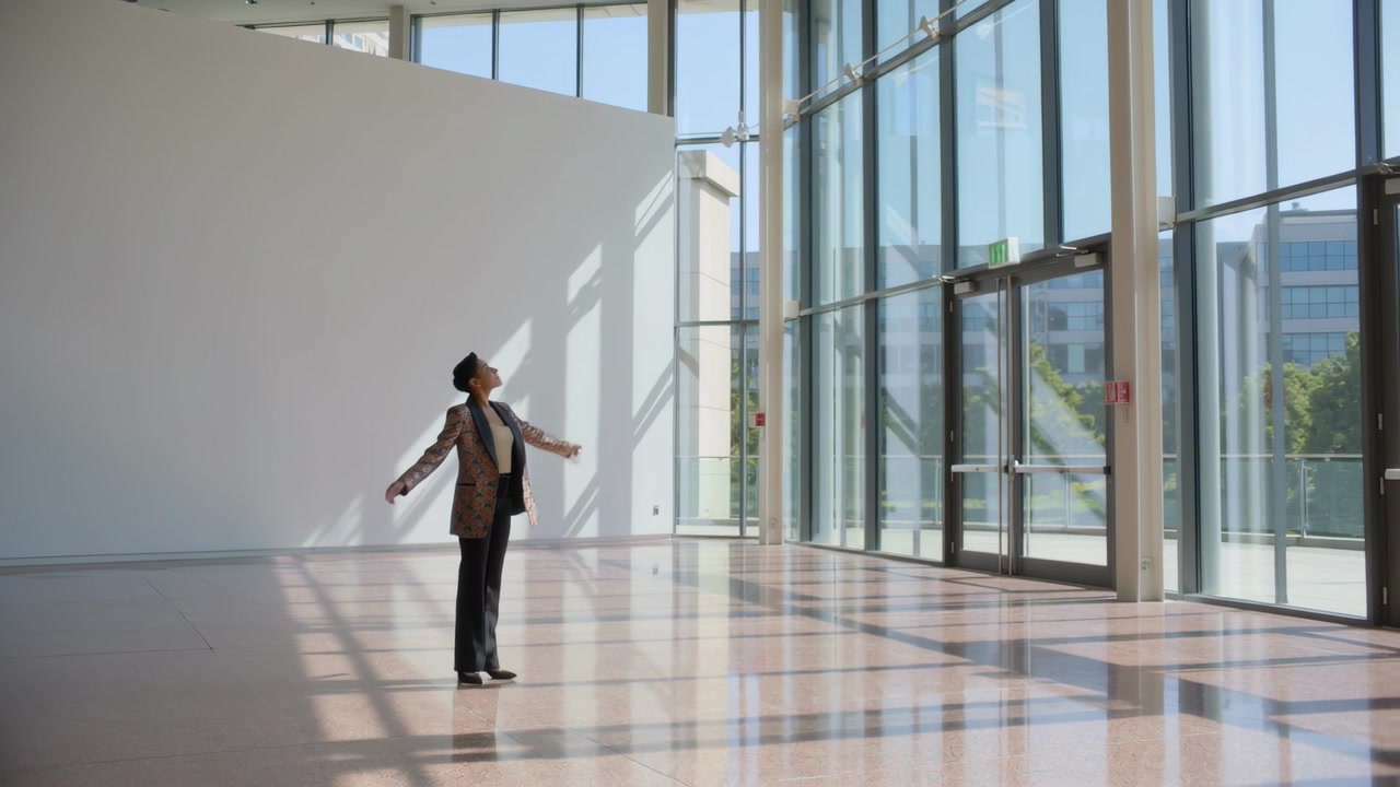 Homem de blazer caminhando com sacola, parando no átrio, luz do sol atraindo o olhar para o envidraçado, espaço para texto