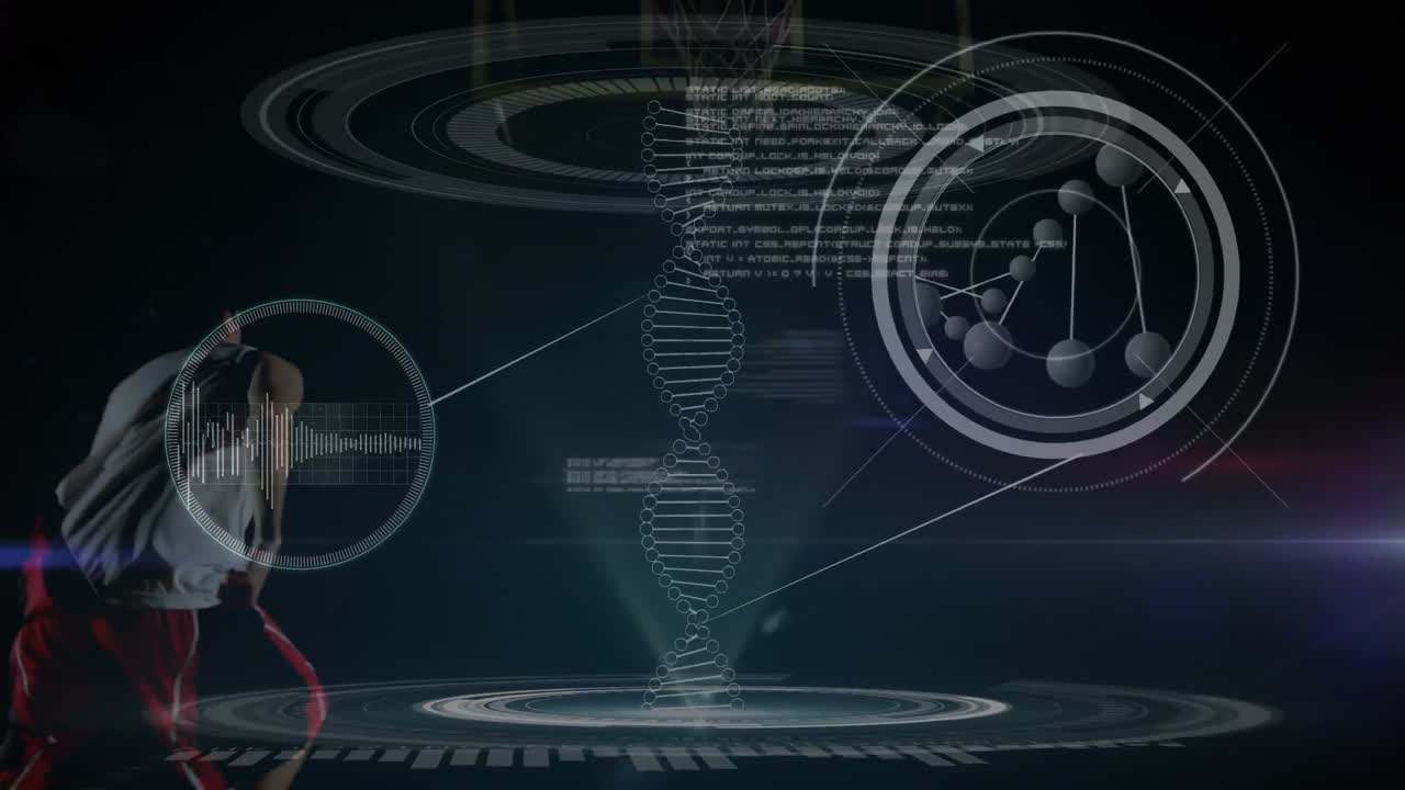 Animation of DNA strand turning with basket player dunking