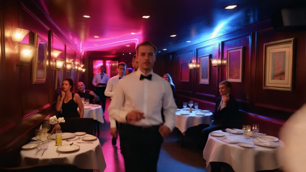 Chic Restaurant Scene: Waitstaff in Black Tuxedos and Elegant Diners Experience a Fast-Paced Evening in a Glamorous Dining Environment with Ambient Pink and Blue Lighting Effects