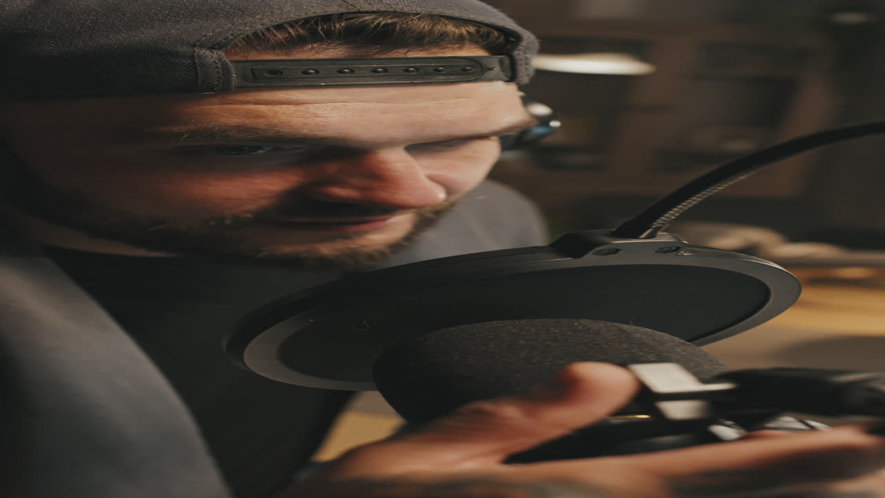 Vertical Slowmo of Man Starting His Podcast