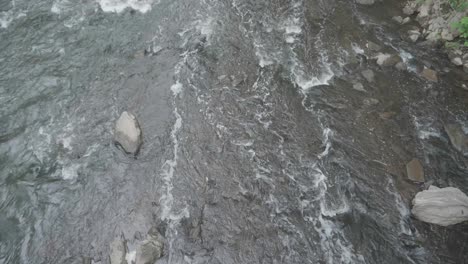 Wissahickon-Creek,-water-flowing-over-stones,-overhead-shot-from-Ridge-Avenue-bridge