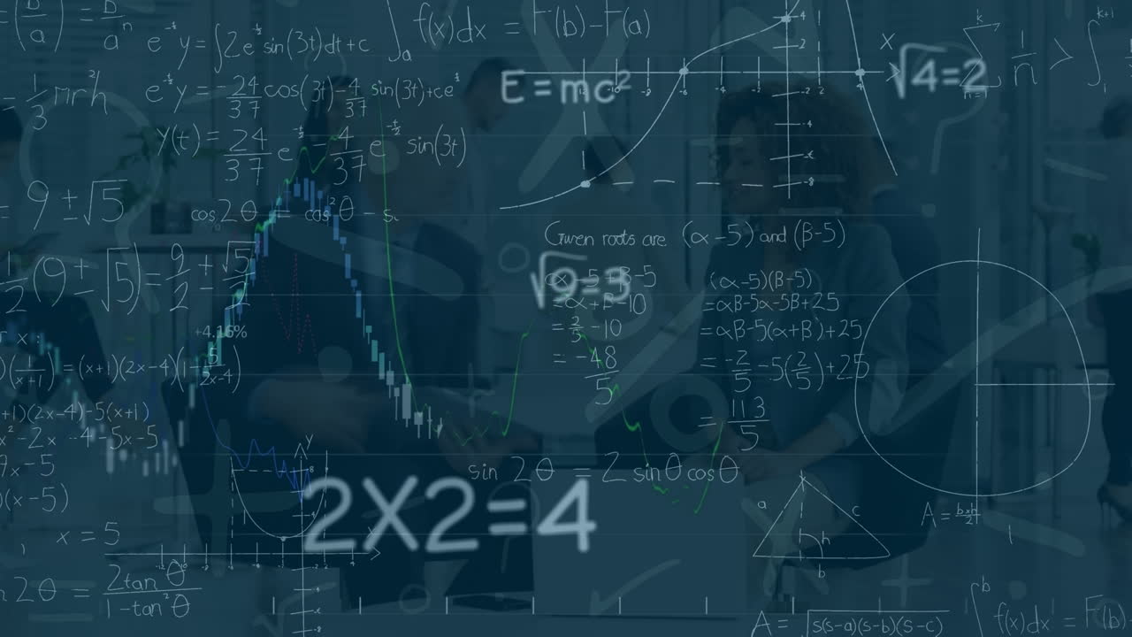 Animation of math formulas over timelapse with diverse businesspeople in office