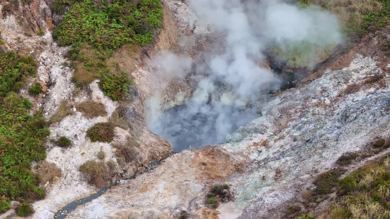 Beautiful aerial shot of an active sulfur field featuring steam plumes, mineral-rich rocks, and natural geothermal patterns