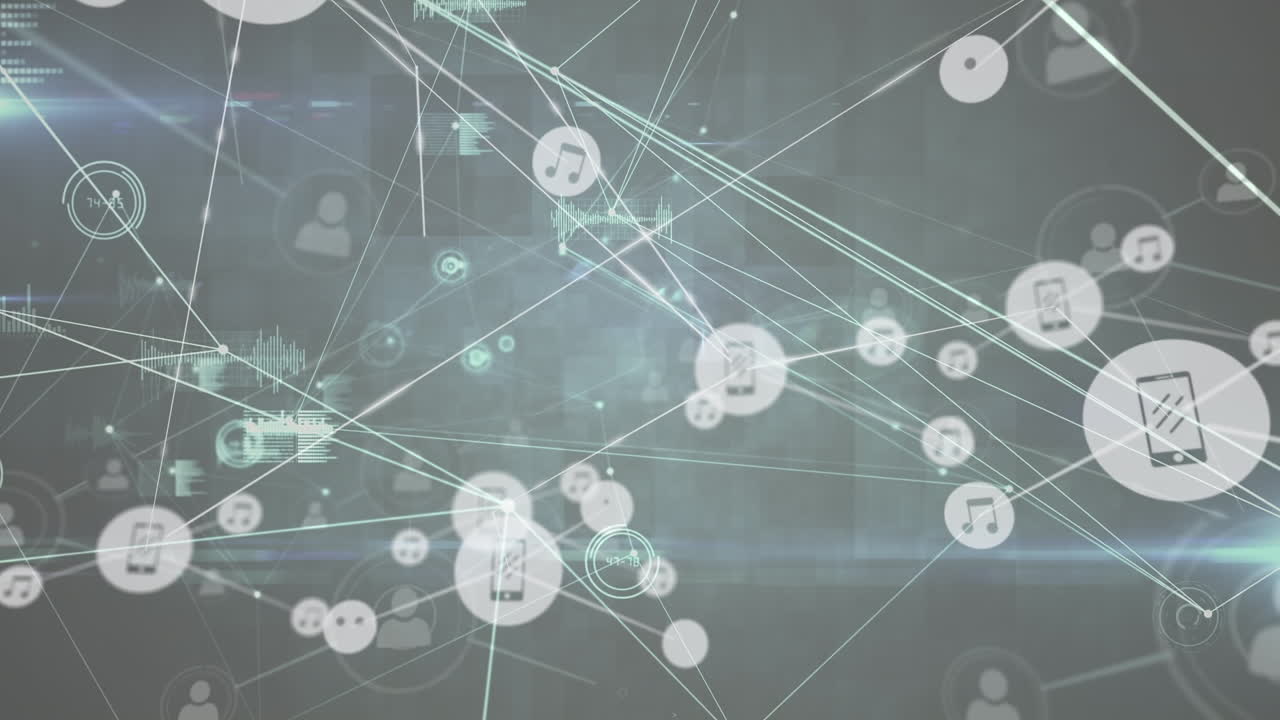 animación de una red de iconos de música y medios que transfieren datos sobre un fondo negro