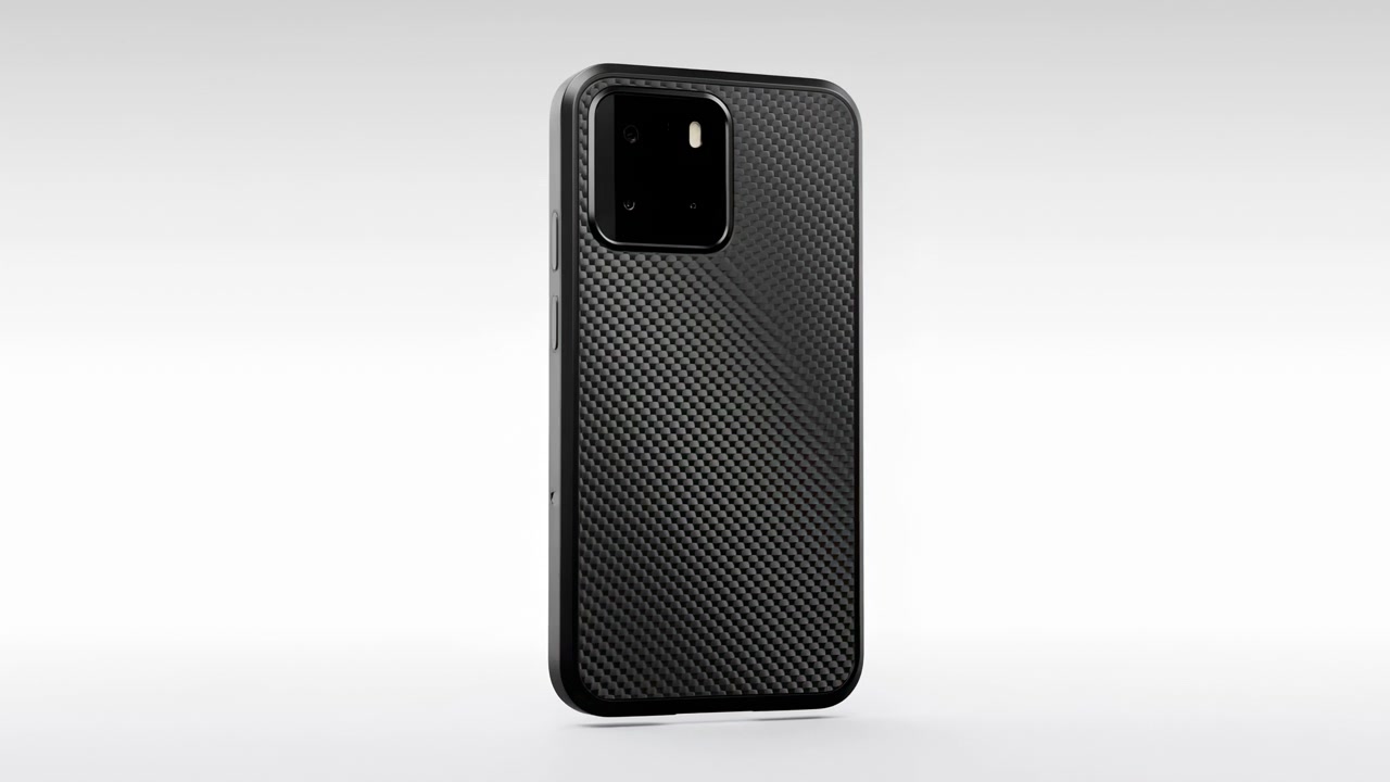 Smartphone in rotazione su sfondo neutro moderno ed elegante, vista laterale, vetrina prodotto, nero, grigio, plastica, metallo, tecnologia, pulito, commerciale, luce naturale, spazio per il testo, editoriale, educativo.