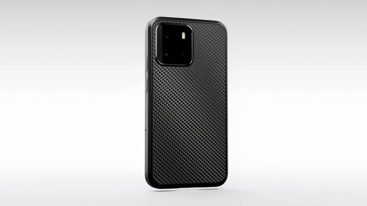 Smartphone in rotazione su sfondo neutro moderno ed elegante, vista laterale, vetrina prodotto, nero, grigio, plastica, metallo, tecnologia, pulito, commerciale, luce naturale, spazio per il testo, editoriale, educativo.