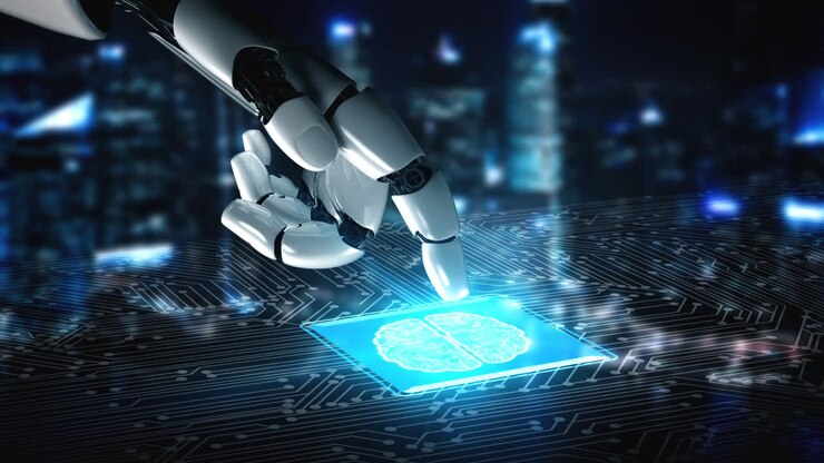 Intelligenza artificiale robot futuristica che illumina il concetto di tecnologia AI