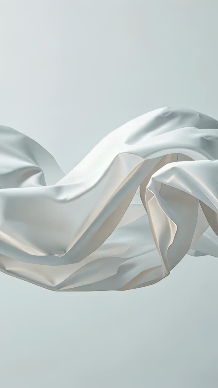 Vertical video: Drifting pale satin sheet rippling in studio, pushed by airflow to show sheen