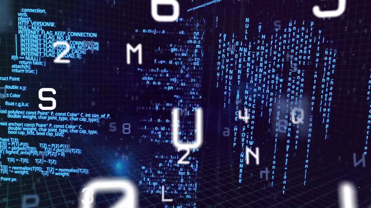 Animation of floating letters and numbers over scientific data processing on black background