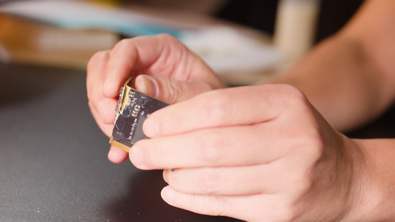 Macro shot of hands bending a flexible electronic circuit board to demonstrate durability and innovation