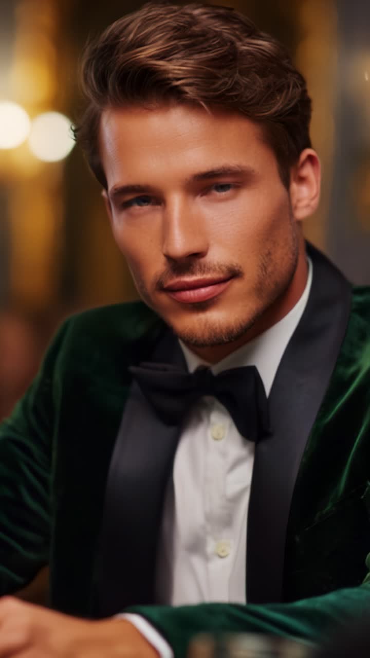 Elegante heer in smoking, getooid met een groen fluwelen jas, die verfijning en charme uitstraalt, vastgelegd in een warme en uitnodigende setting. Een portret van klasse