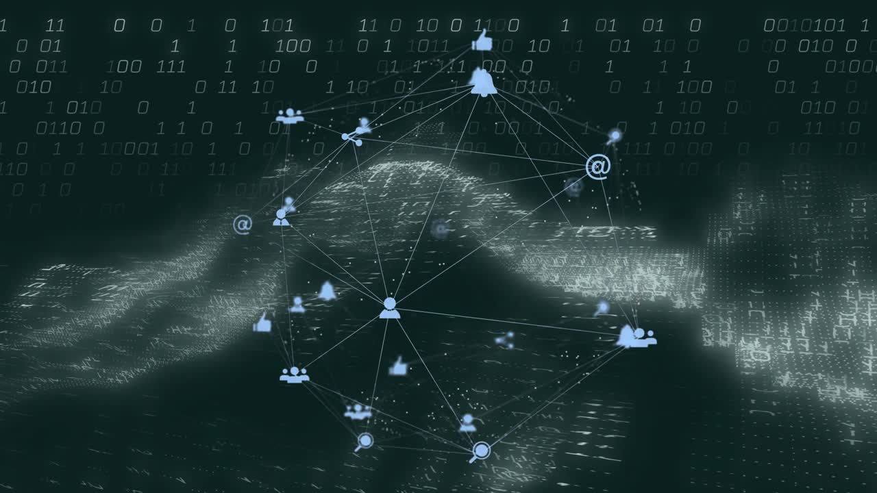 Central node emerging triggers network growing, icons linking, pulsing dispersing, revealing core