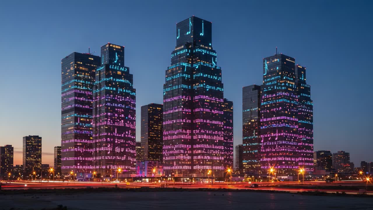 Illuminated Skyscrapers at Night: A Stunning Display of Colorful Lights Reflecting Modern Architecture in a Vibrant Urban Skyline