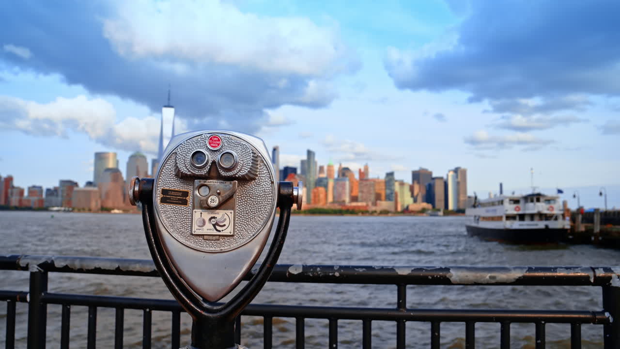 New York, USA, 8 novembre 2025: Visore panoramico rivolto verso lo skyline di New York. Il visore binoculare si trova lungo l'Hudson River e guarda verso lo skyline di Lower Manhattan.