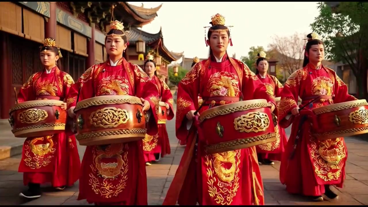 Grupo de Artistas em Trajes Tradicionais Chineses Vermelhos Tocando Tambores