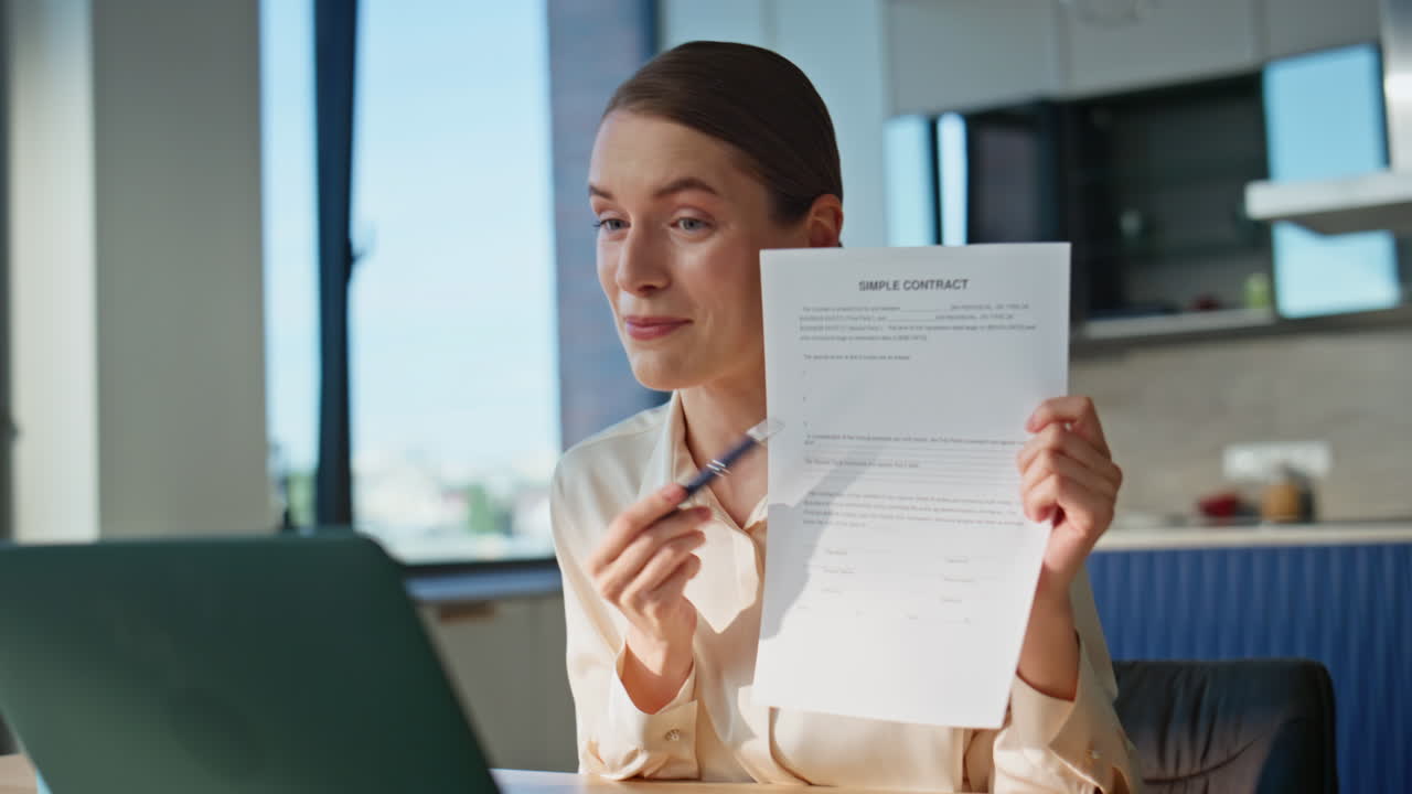 Employee presenting project videocall at home closeup. Woman virtual meeting