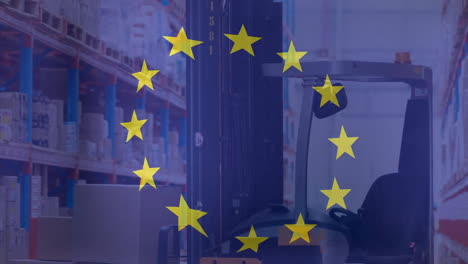 animación de la bandera de la unión europea sobre un camión elevador de horquilla en un almacén de almacenamiento
