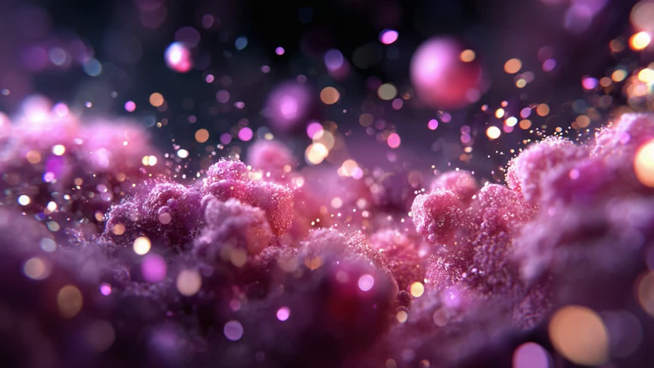 Et fascinerende syn af æteriske pink og lilla partikler, der danser midt i en drømmeagtig baggrund af glimtende lys og livlige farver