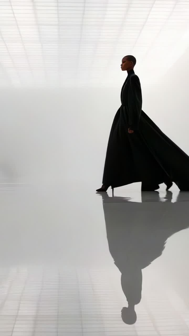 A Fashion Model Elegantly Walks in a Dramatic Black Gown Casting a Striking Reflection on a Smooth Surface in a Minimalist and Ethereal Setting