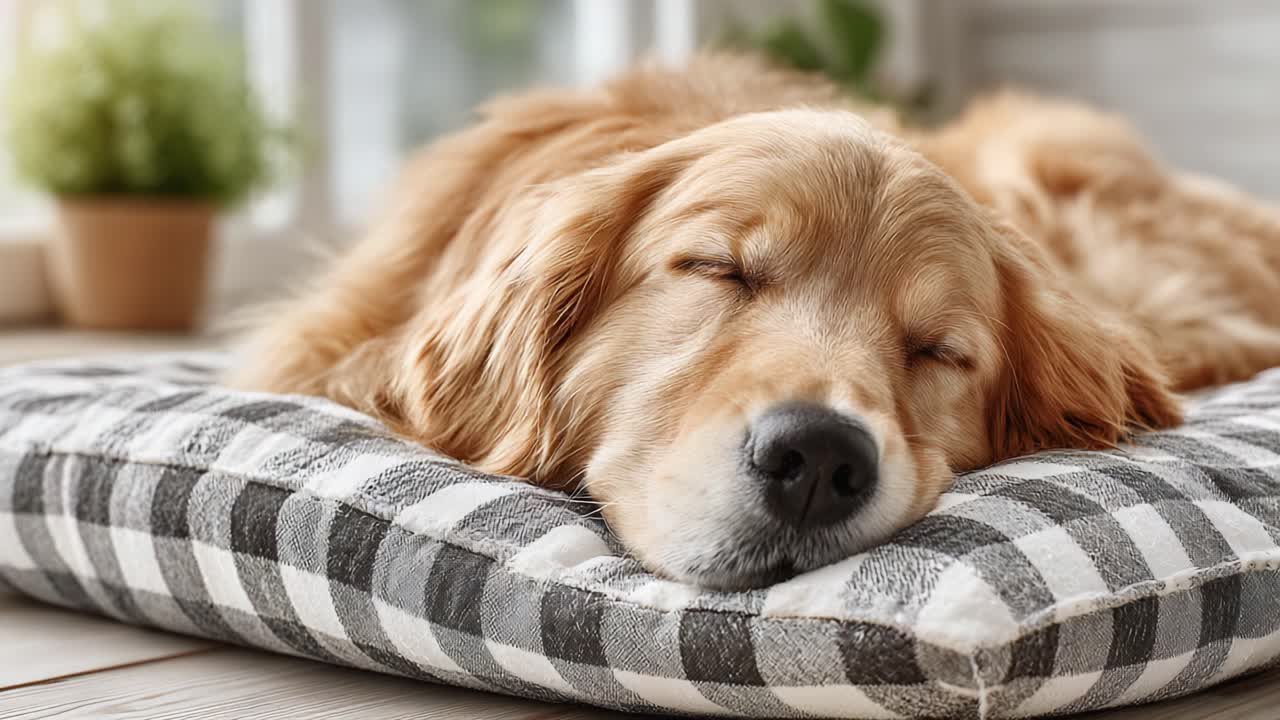 A Peaceful Golden Retriever Blissfully Napping on a Cozy Checkered Dog Bed with a Serene Indoor Setting in the Background