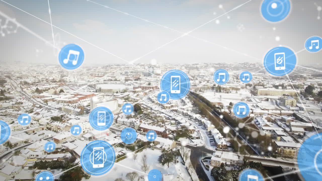 하늘을 배경으로 눈으로 인 도시의 공중 풍경 위에 있는 선으로 연결된 아이콘의 애니메이션