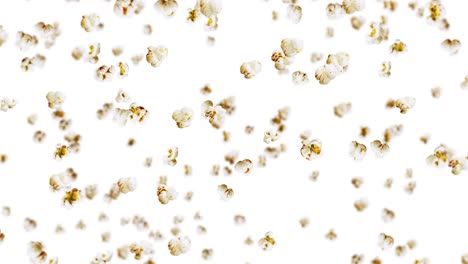 volando muchas palomitas de maíz sobre un fondo blanco. palomita de maíz blanca salada. comida saludable. semilla de maíz. animación de bucle 3d de palomitas que giran.