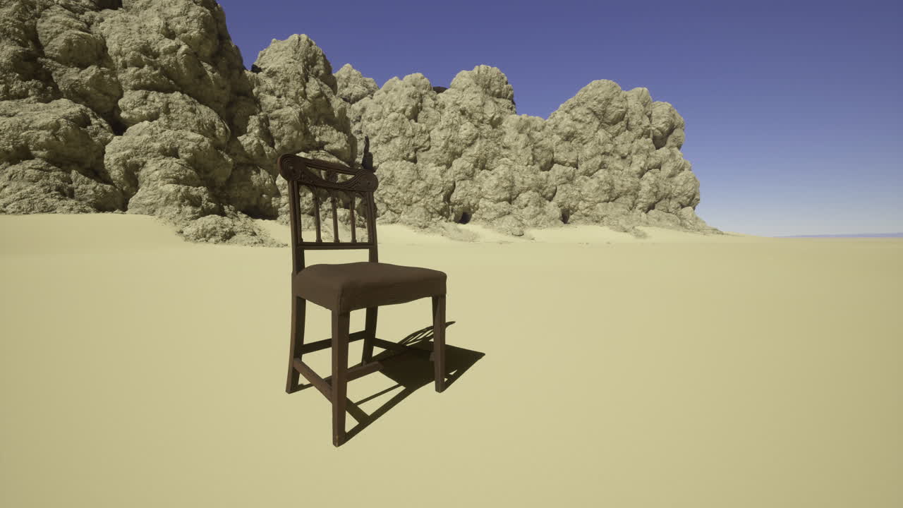 Chair placed in a barren desert landscape under a clear sky